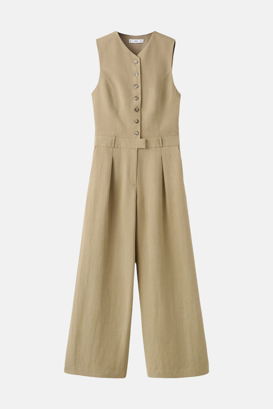 Kaki overall van MANGO, met V-hals en wijde, geplooide broek met riem.