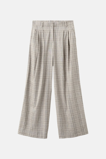 Pantalon beige à carreaux par Mango, coupe large avec plis sur le devant.