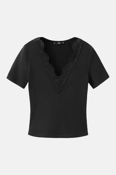 Zwart T-shirt met korte mouwen van MANGO, geribd met een V-hals versierd met kant.