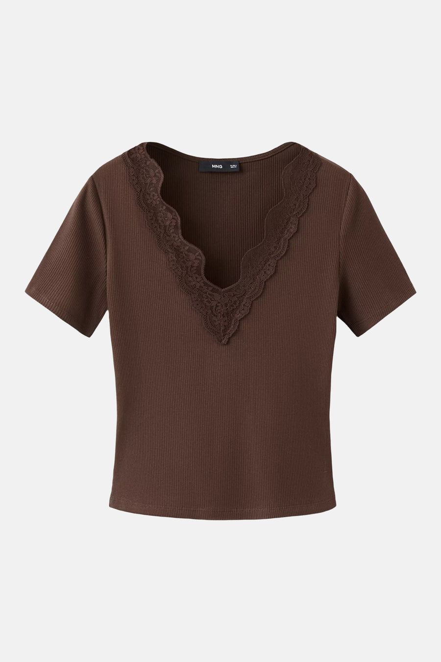 Bruine geribde T-shirt met korte mouwen van MANGO met een kanten V-hals met festonrand.