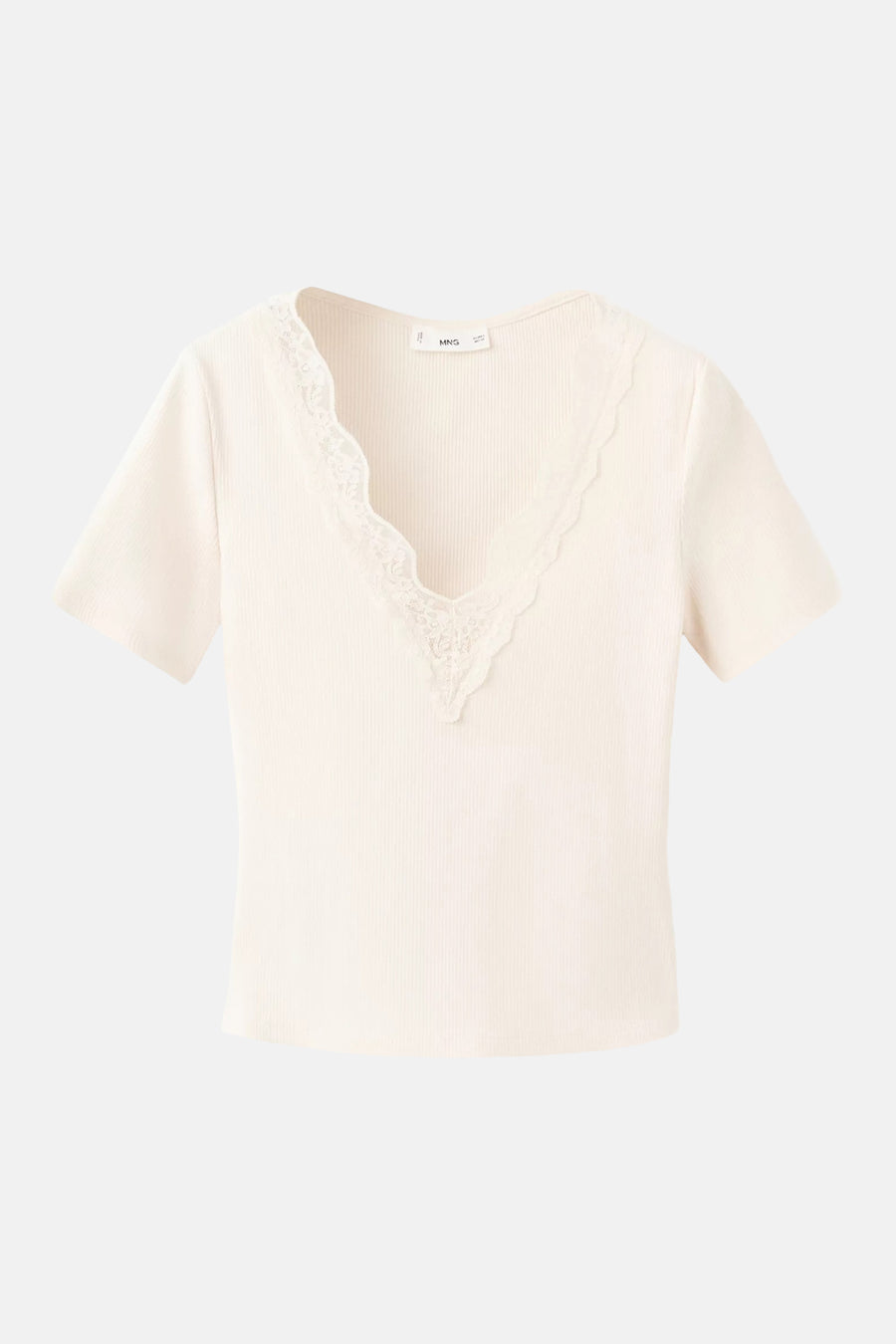 Ecru effen T-shirt met korte mouwen van MANGO, met kanten V-hals en geribbelde textuur.
