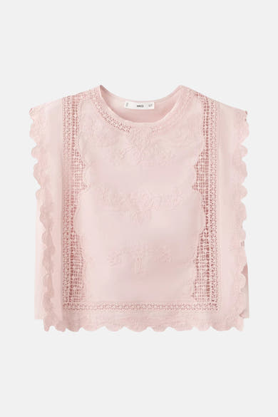 Roze mouwloze blouse van MANGO met bloemenborduursel, kanten details en geschulpte randen.