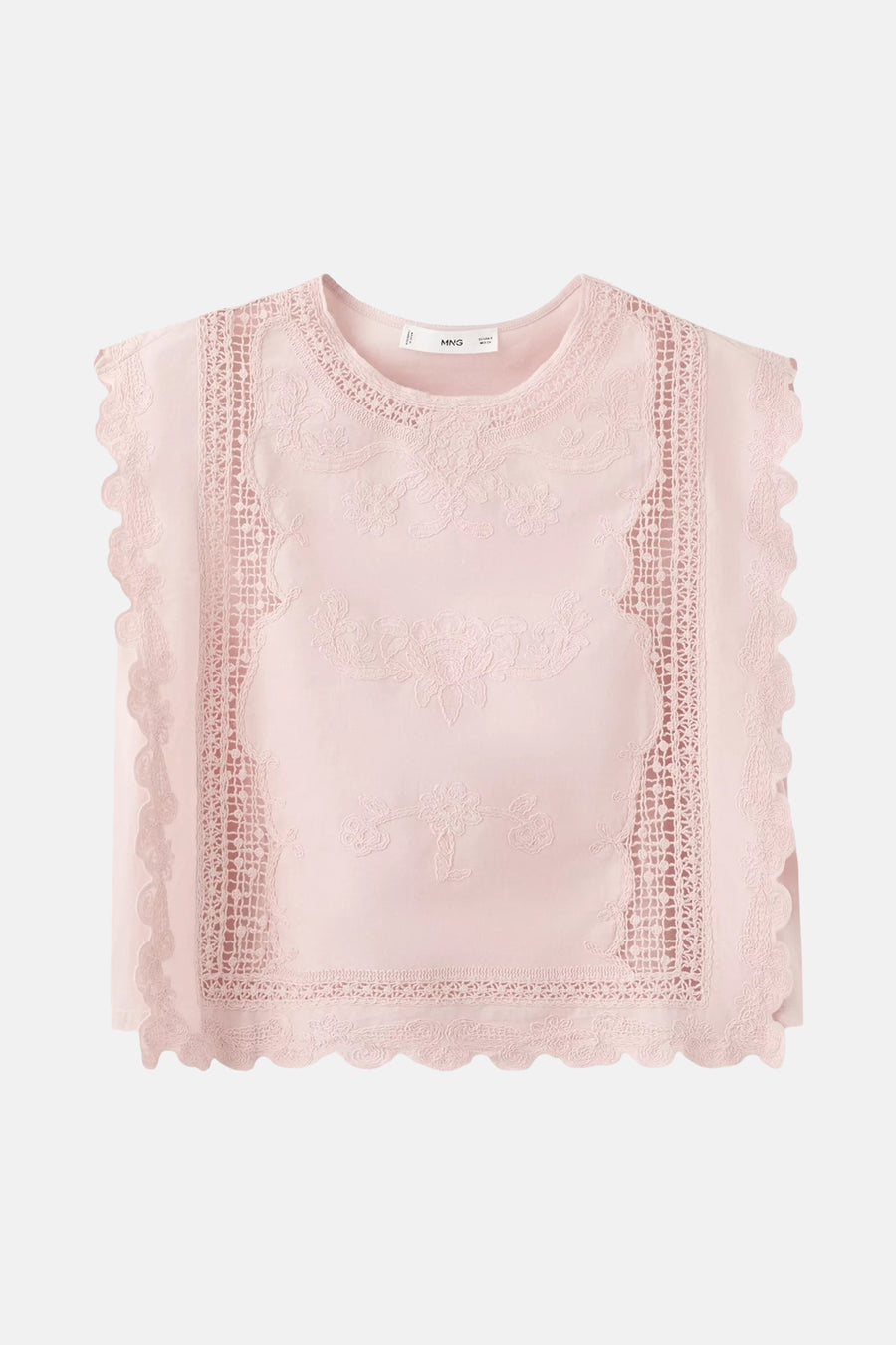 Roze mouwloze blouse van MANGO met bloemenborduursel, kanten details en geschulpte randen.
