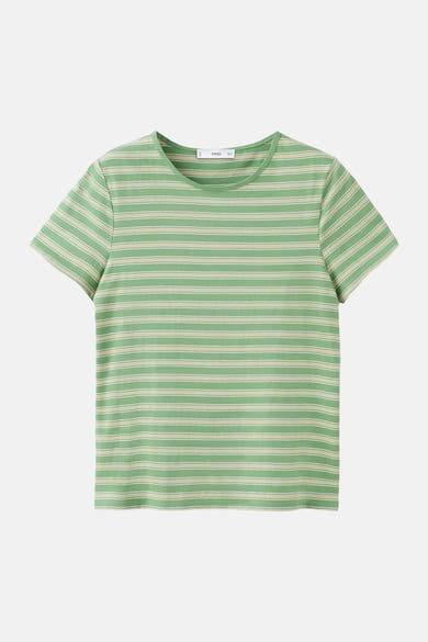 Groen en beige gestreept T-shirt van MANGO, met korte mouwen en ronde hals.