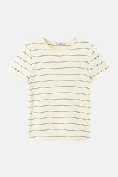 Gele T-shirt met korte mouwen van MANGO, met fijne horizontale strepen en een ronde hals.