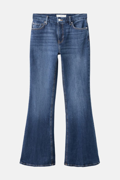 Wijd uitlopende jeans van donkerblauw denim van MANGO, met voorzakken en zichtbare ritssluiting.