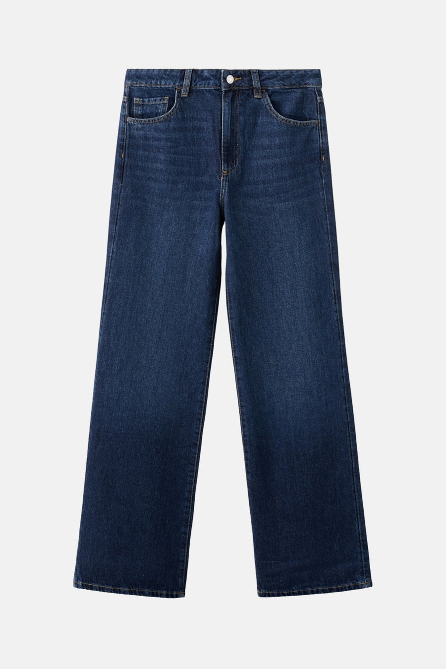 Jean droit en denim bleu foncé de MANGO, coupe ample, avec poches avant et arrière.