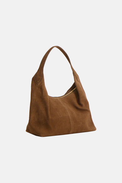 Sac à main hobo marron en daim de MANGO, avec une fermeture à glissière dorée.