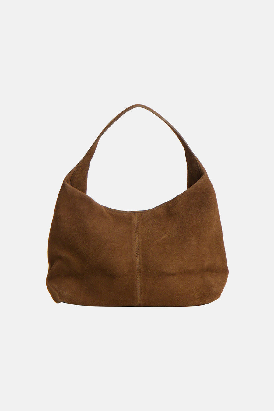 Sac à main hobo marron en daim, de MANGO, avec une bandoulière arrondie et une texture douce.