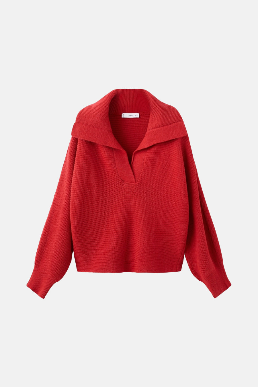 Pull col en V rouge de MANGO, en maille côtelée avec un col large et des manches longues bouffantes.