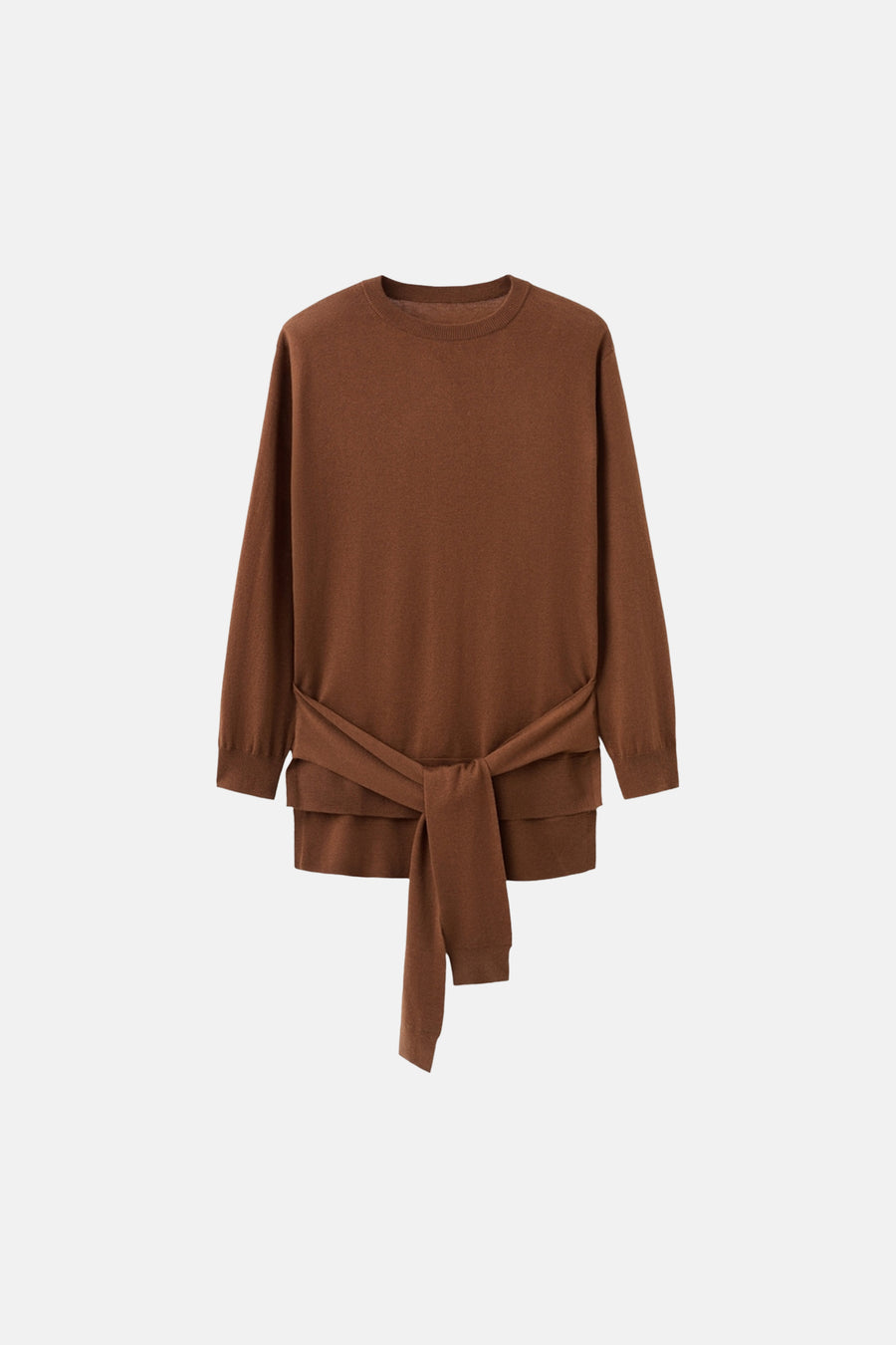 Ronde hals trui bruin van MANGO met een strikceintuur in de taille en lange mouwen.
