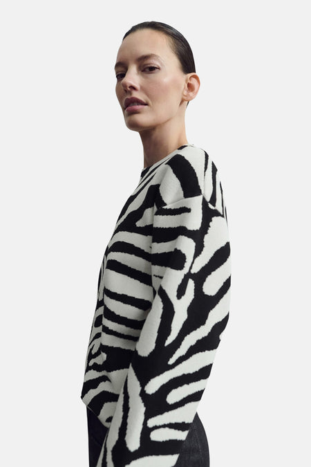 Pull à col rond multicolore de MANGO, avec un motif zébré noir et blanc.