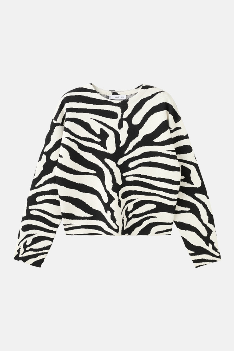 Multikleuren rondehals trui van MANGO, met zwart-wit zebraprint over de hele stof.