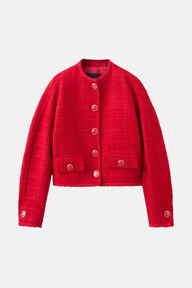 Rode tweed blazer van MANGO, met een korte pasvorm, opgestikte zakken en decoratieve knopen.