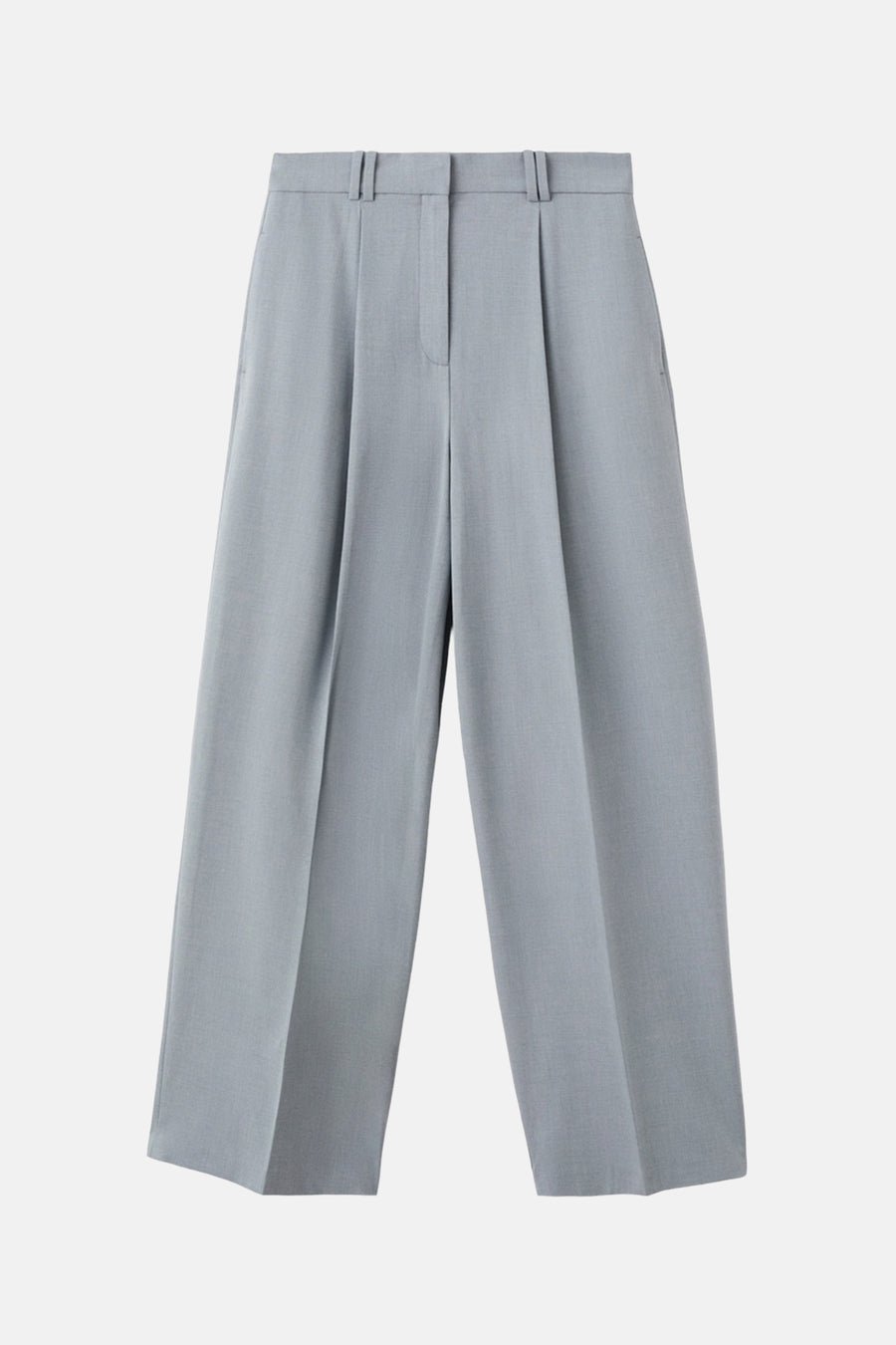 Blauwe pantalon van MANGO, wijde pasvorm met plooien aan de voorkant.