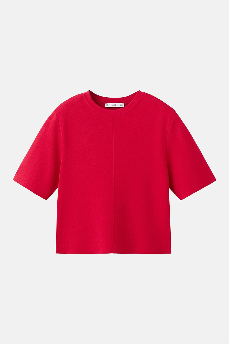 Pull rouge à manches courtes de MANGO, avec une couture verticale sur le devant.