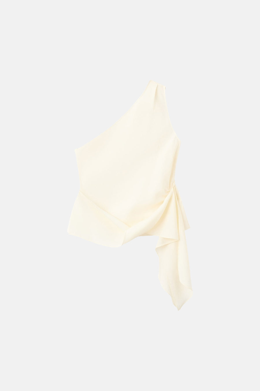 Witte MANGO blouse met één schouder, gedrapeerd en asymmetrisch.