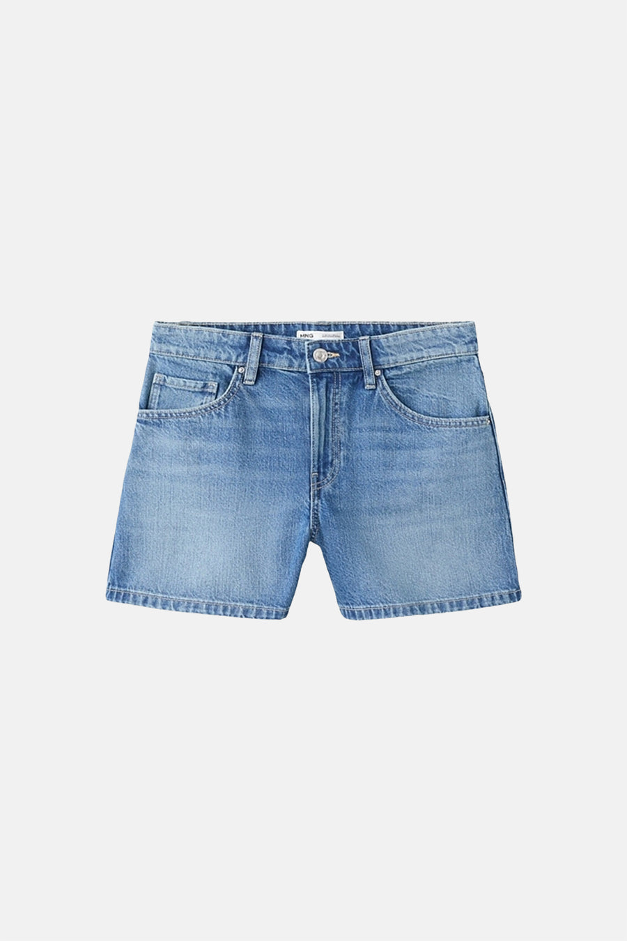 Middenblauwe denim bermuda van MANGO, met voorzakken en rafelzoom.