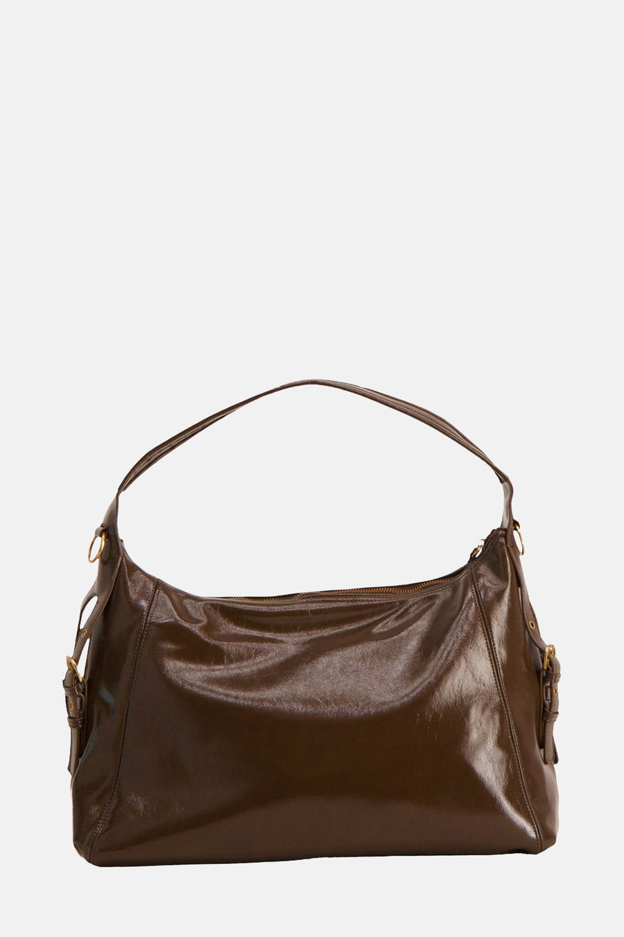Sac à bandoulière kaki par MANGO, en cuir verni avec une bandoulière unique et détails dorés.
