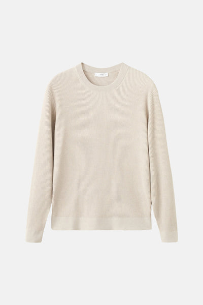 Beige ronde hals trui van MANGO, in ribgebreide stof met een zachte textuur.