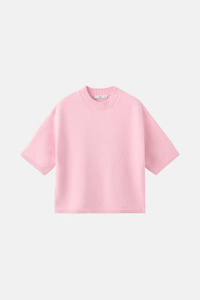 Roze trui met ronde hals van MANGO, in een getextureerde breistijl met korte mouwen.
