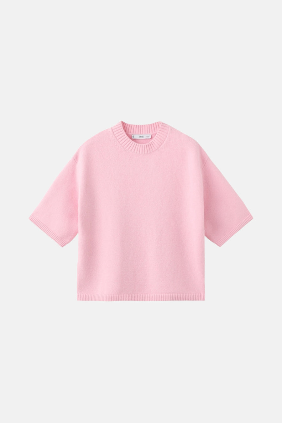 Roze trui met ronde hals van MANGO, in een getextureerde breistijl met korte mouwen.