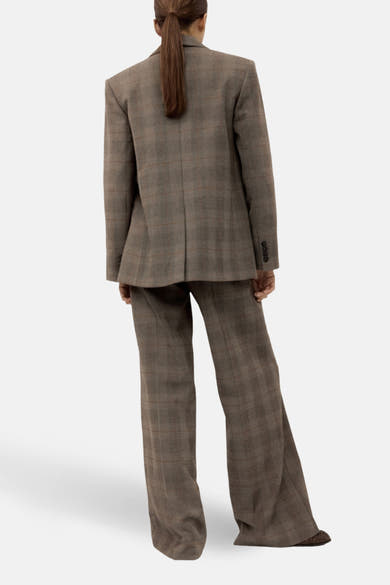 Bruine geruite broek van MANGO, pantalonstijl met wijde pijpen, achtergezicht.