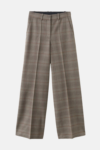 Bruine geruite broek van MANGO, losse pasvorm met zakken en duidelijke plooien.
