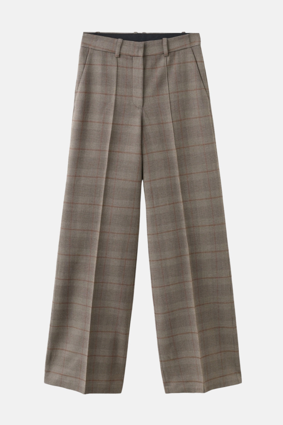Bruine geruite broek van MANGO, losse pasvorm met zakken en duidelijke plooien.