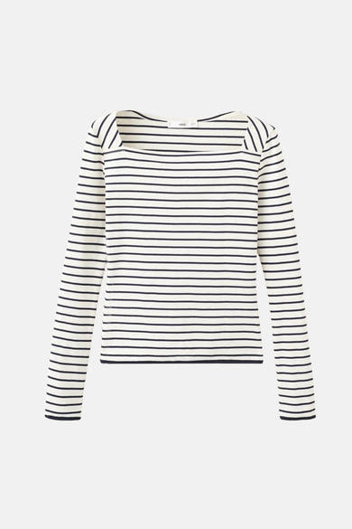 Gestreept T-shirt met lange mouwen van MANGO, met vierkante halslijn, marineblauw en wit gestreept patroon.