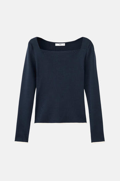 Blauwe T-shirt met lange mouwen van MANGO, met vierkante halslijn en witte afwerkingen aan de manchetten.