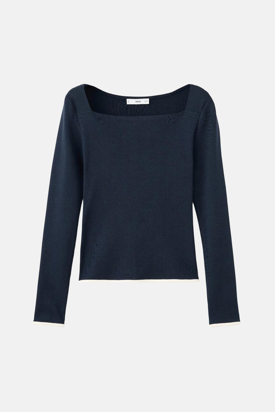 Blauwe T-shirt met lange mouwen van MANGO, met vierkante halslijn en witte afwerkingen aan de manchetten.