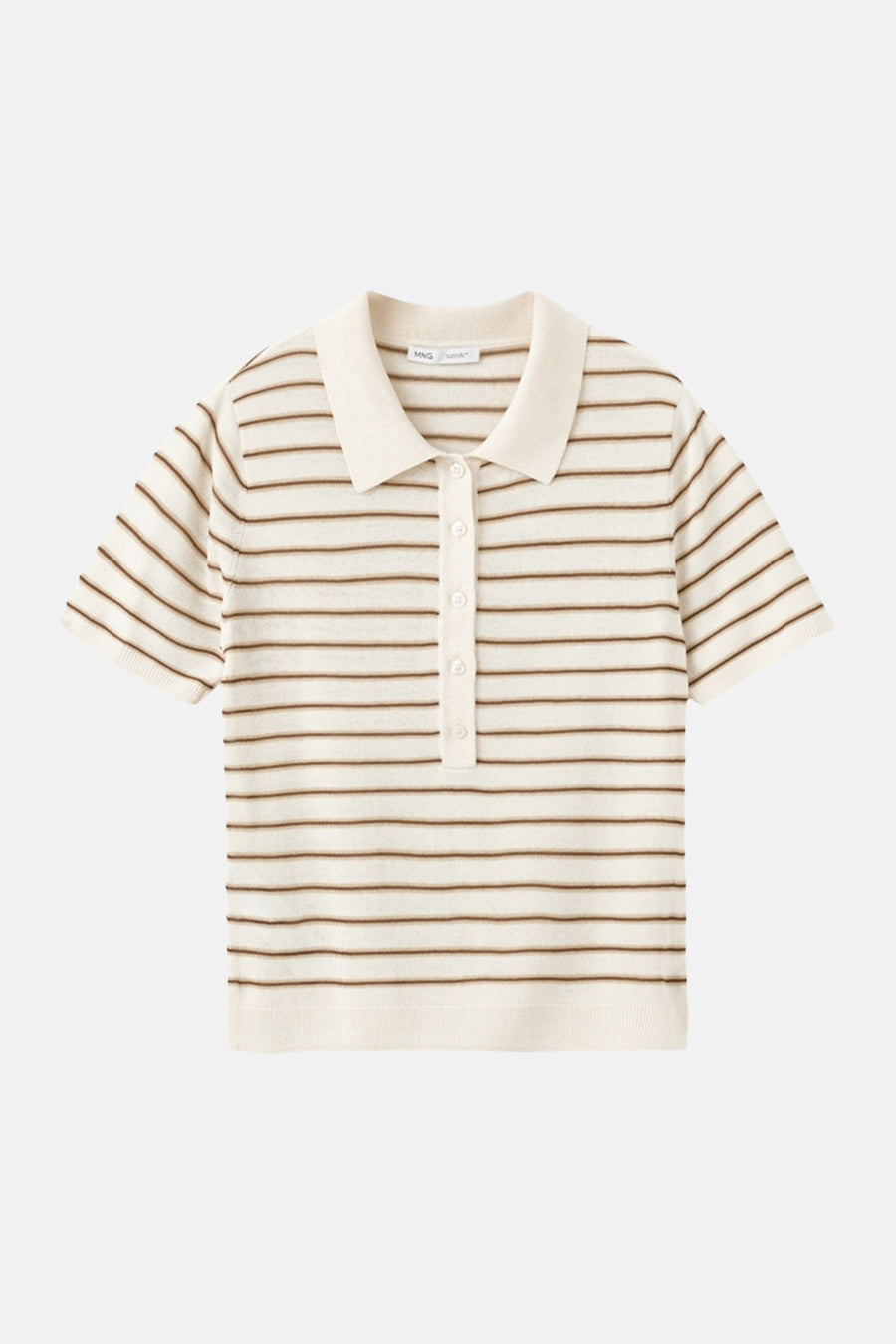 Beige gebreid poloshirt van MANGO, met bruine strepen, korte mouwen en een klassieke kraag.