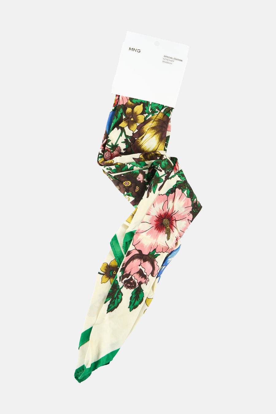 Foulard multicolore de MANGO, à motif floral avec des touches de vert et de jaune.