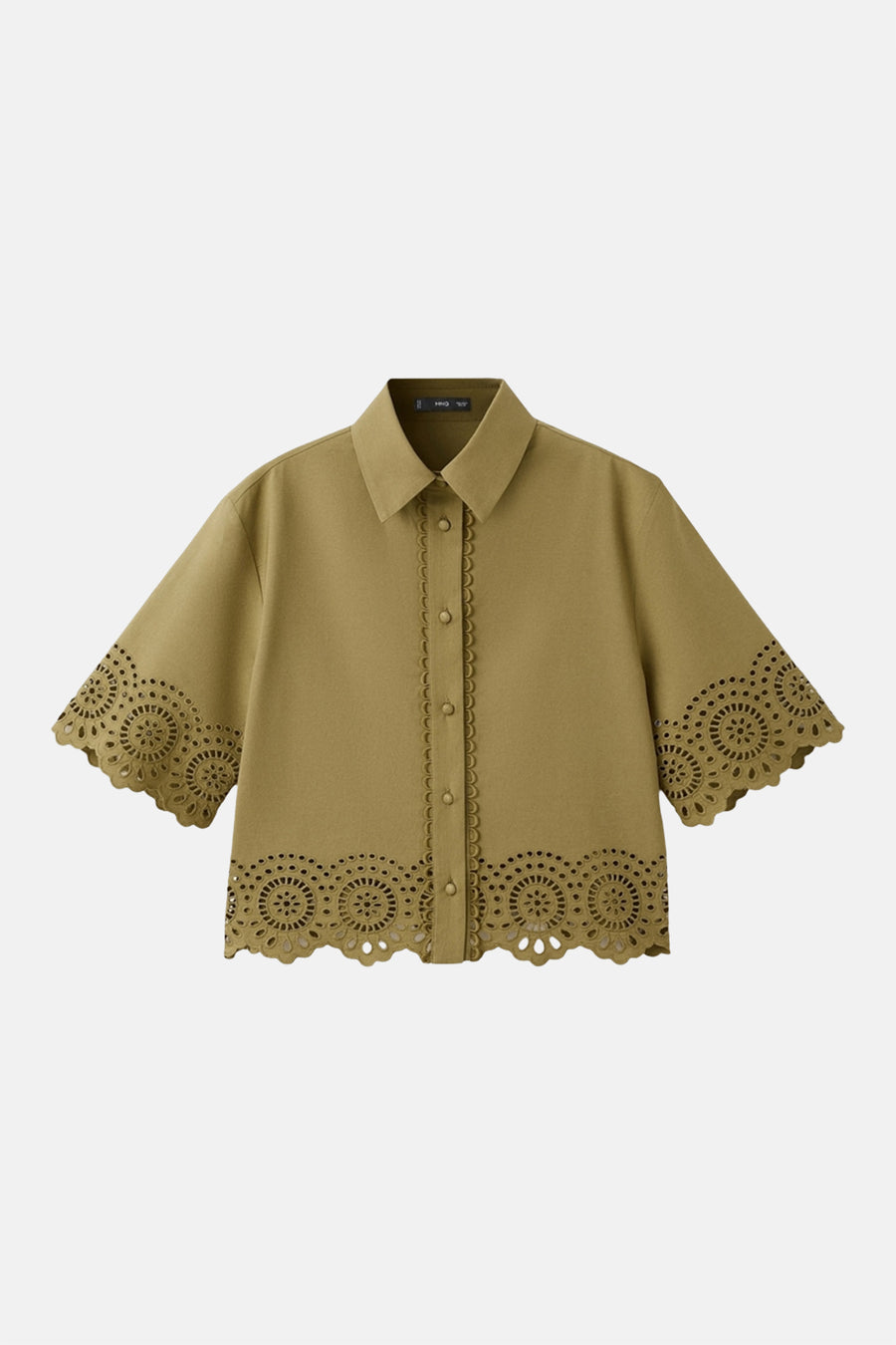 Kaki blouse van MANGO met ronde broderie anglaise en geschulpte randen aan de mouwen en zoom.