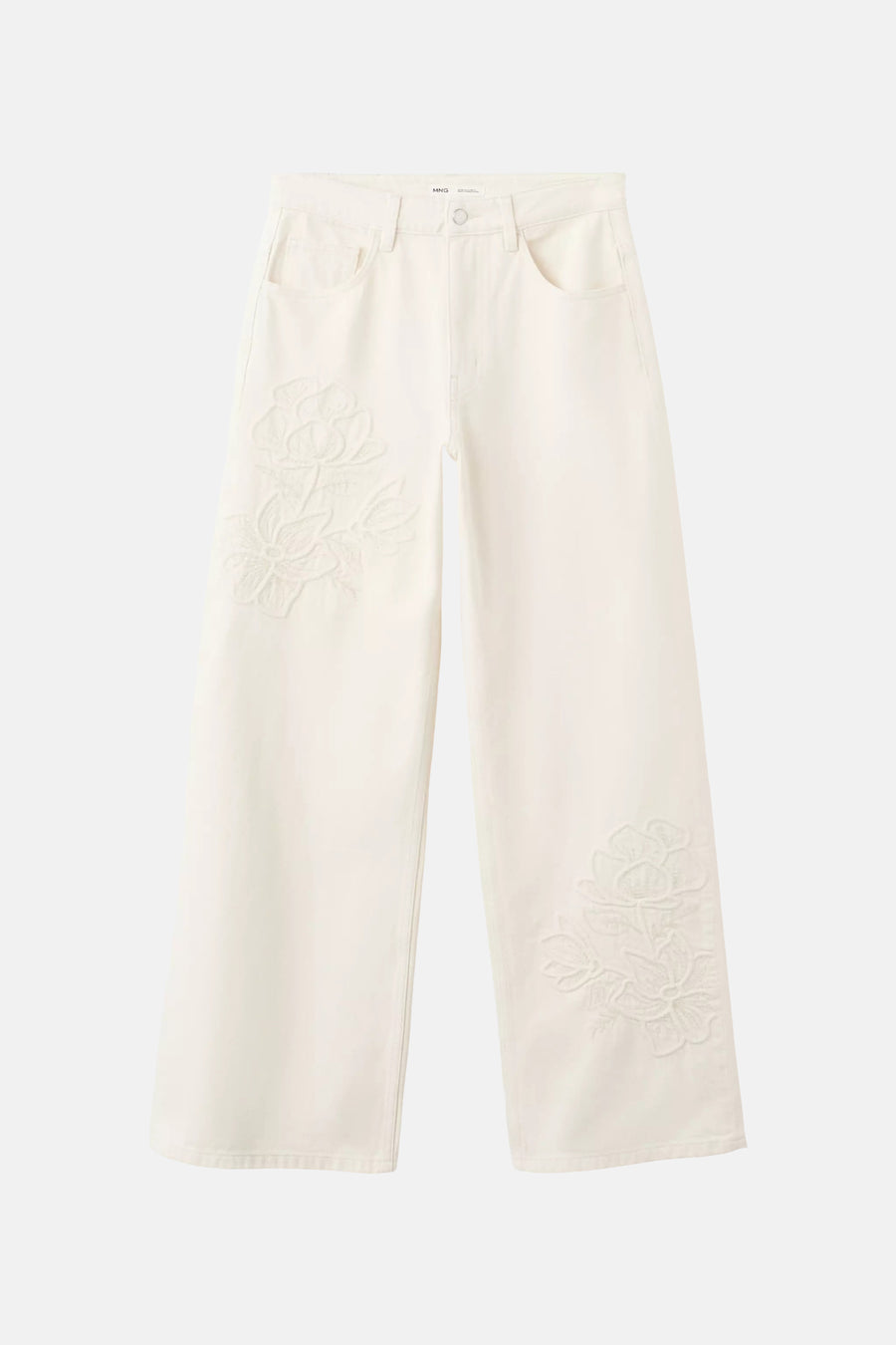 Gebroken witte wijde jeans van MANGO met toon-op-toon bloemenborduursels.