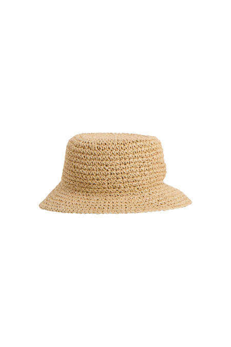 Beige strohoed van MANGO, gevlochten, bucket hat-stijl met zachte randen.