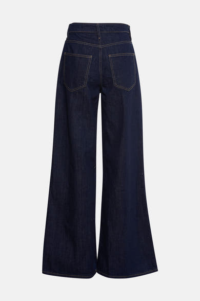 Wijde spijkerbroek in donkerblauw denim van MANGO, met achterzakken en contrasterende stiksels.