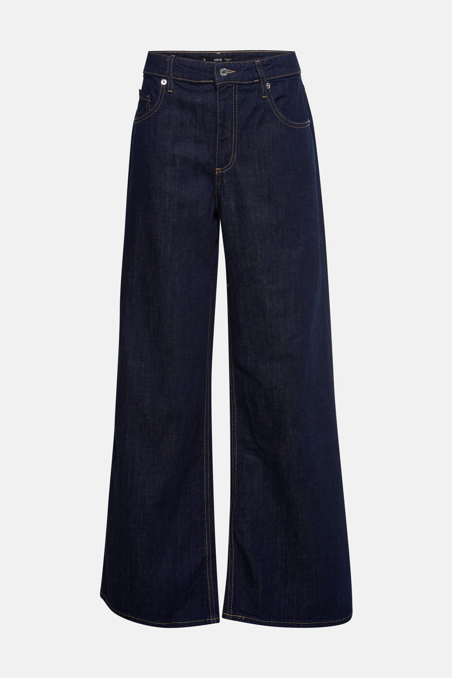 Wijde spijkerbroek in donkerblauw denim van MANGO, met een losse pasvorm en contrasterende zichtbare naad.