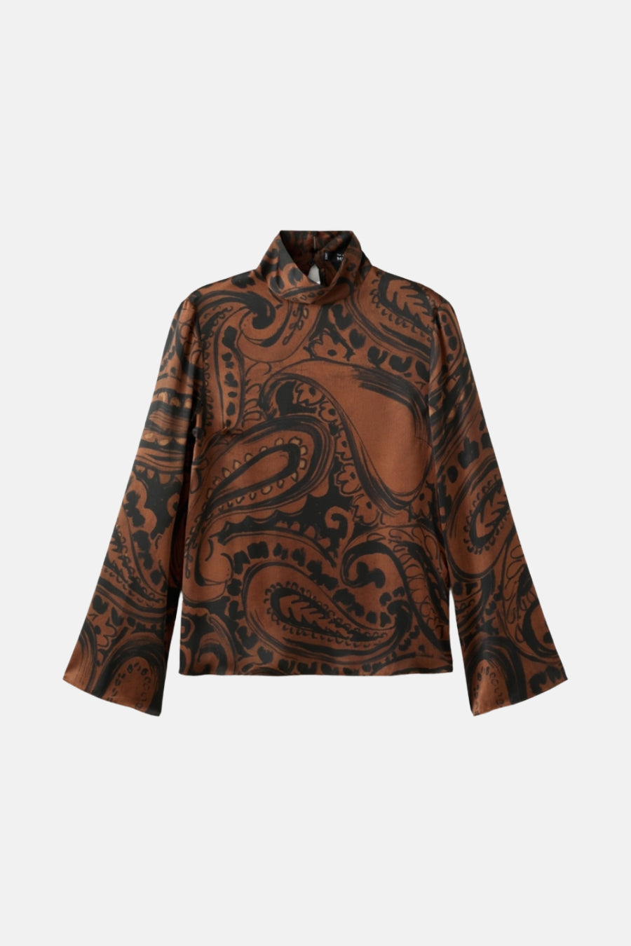 Bruine met lange mouwen in bruin, van MANGO, met zwart paisley-patroon en opstaande kraag.