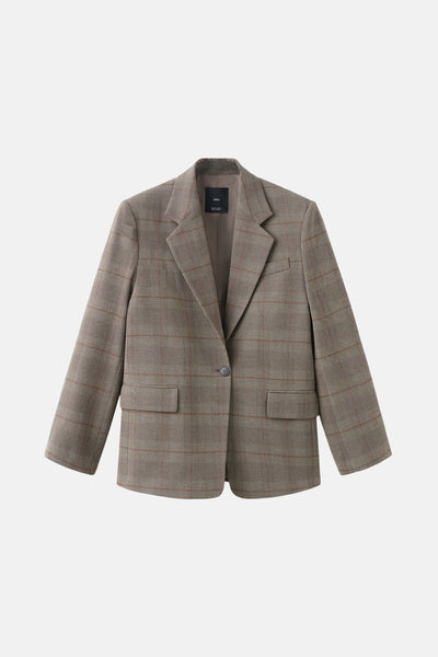 Blazer brun de MANGO, à carreaux Prince de Galles avec poches à rabat et coupe droite.