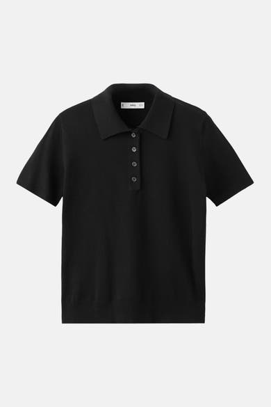 Zwart poloshirt met korte mouwen van MANGO, met een knoopsluiting en een klassieke kraag.