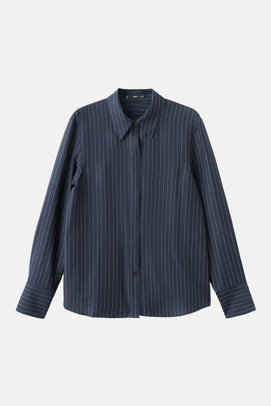 Blauwe gestreepte blouse met lange mouwen van MANGO, met klassieke kraag en lange, geknoopte mouwen.