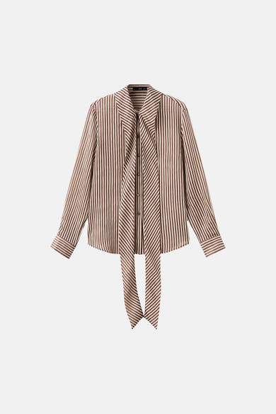 Multikleurige blouse met lange mouwen van MANGO, met bruine en witte verticale strepen en een strikkraag.