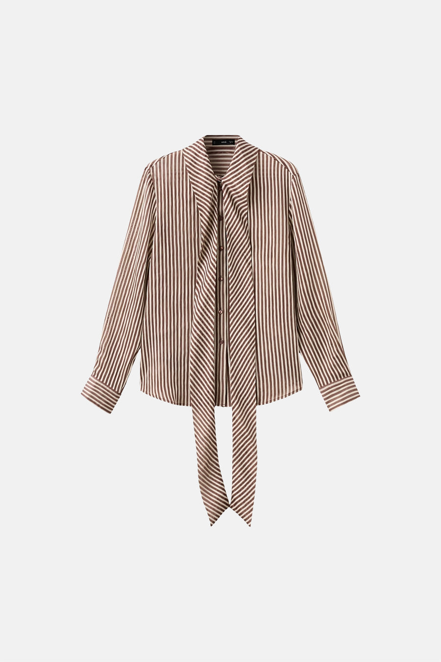 Multikleurige blouse met lange mouwen van MANGO, met bruine en witte verticale strepen en een strikkraag.