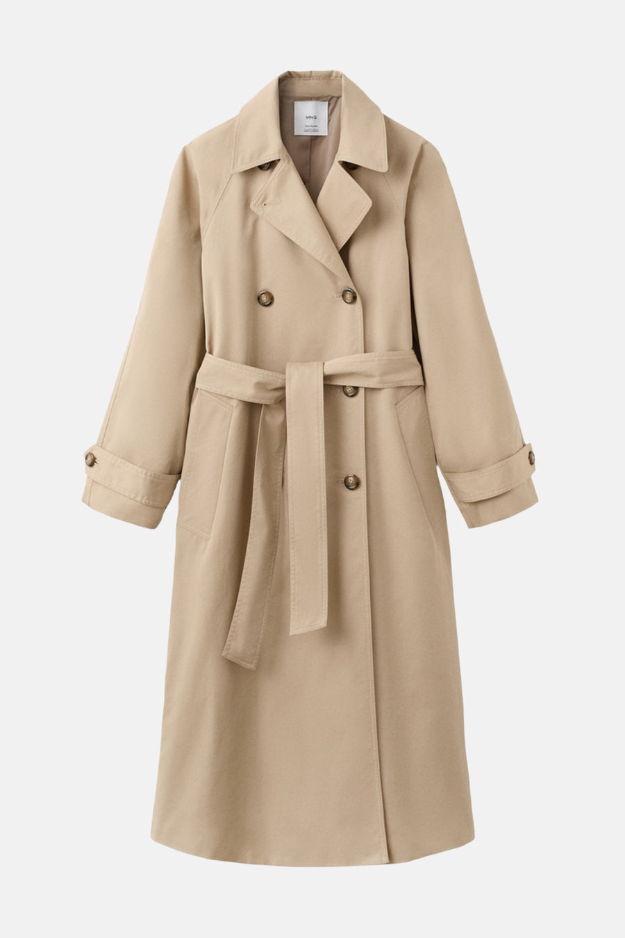 Lange beige jas van MANGO met strikceintuur, dubbele knoopsluiting en opgestikte zakken.