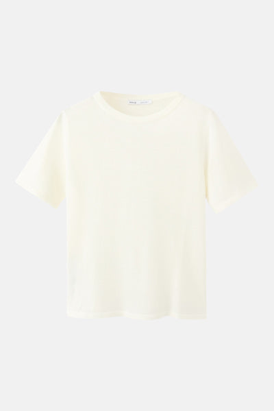 Beige gebreide trui van MANGO, met korte mouwen en ronde hals.