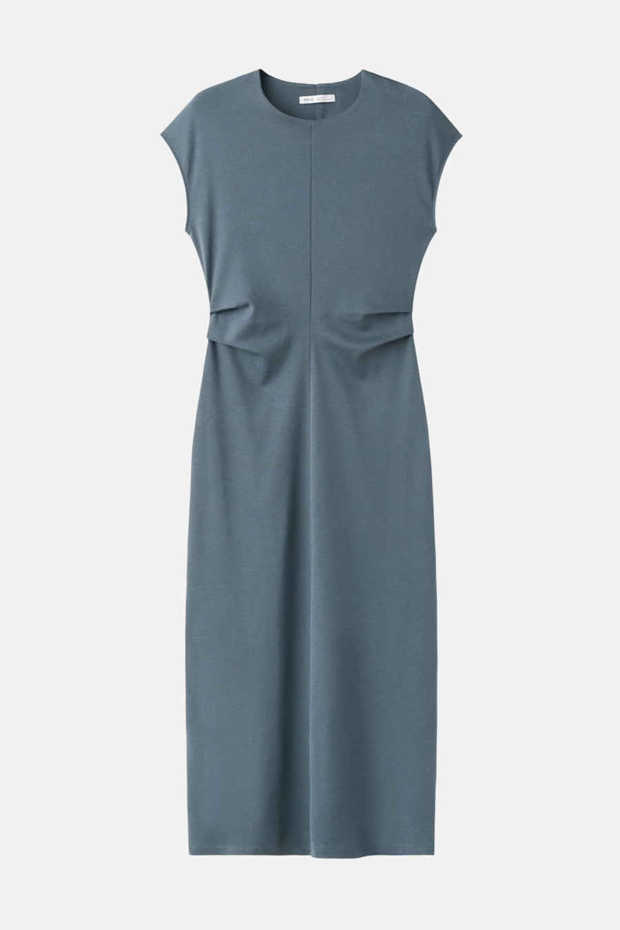 Blauwe jurk van MANGO, rechte pasvorm met decoratieve plooien op de heupen, midi-lengte.