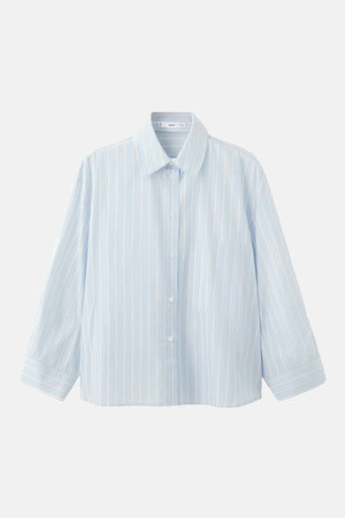 Blauwe gestreepte blouse met lange mouwen van MANGO, met borstzak en een relaxte pasvorm.
