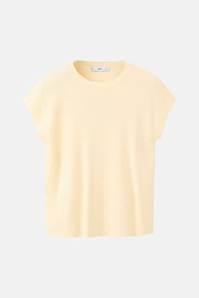 Effen gele top met korte mouwen van MANGO, in geribbelde stof en ronde hals.